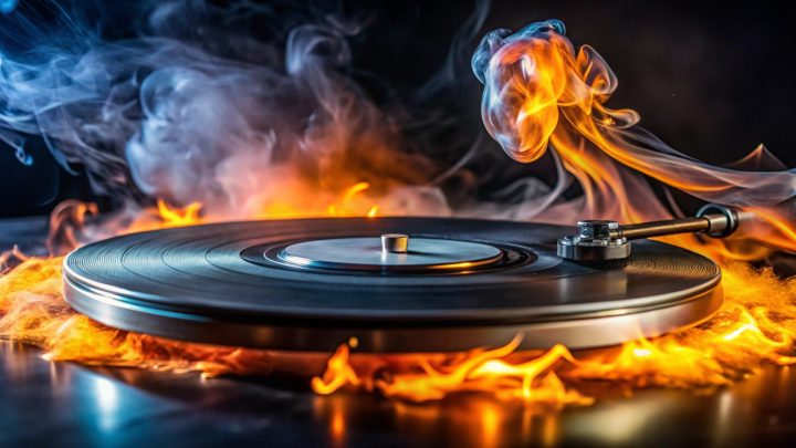 Un vinyle de rap posé sur une platine, avec un casque audio à côté pour l’écoute de l’album Authentik de NTM.