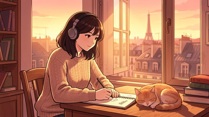 Une jeune étudiante dessinée dans un style inspiré de l’animation japonaise travaille à son bureau près d’une fenêtre donnant sur Paris au coucher du soleil, avec un casque audio et un chat endormi à ses côtés.