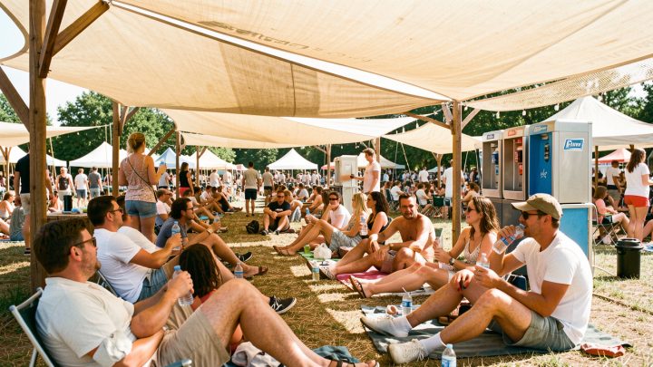 Des hommes et des femmes se reposent à l’ombre de grandes structures ventilées et près de points d’eau lors d’un festival de musique en plein air, sous une forte chaleur.