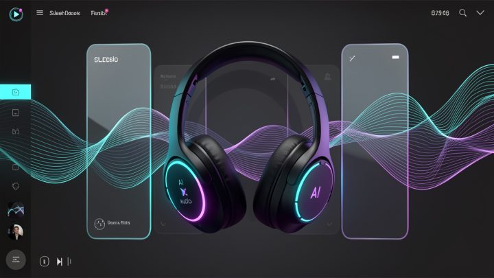 Interface de streaming musical futuriste avec filtre IA lumineux, casque audio haut de gamme et ondes sonores translucides sur fond sombre.