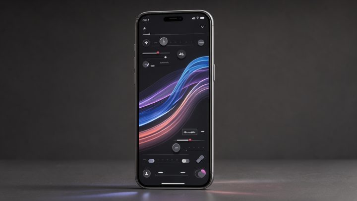 Smartphone présentant une interface futuriste de streaming musical avec des ondes sonores colorées et des commandes de remix par intelligence artificielle, dans une ambiance éditoriale sobre.