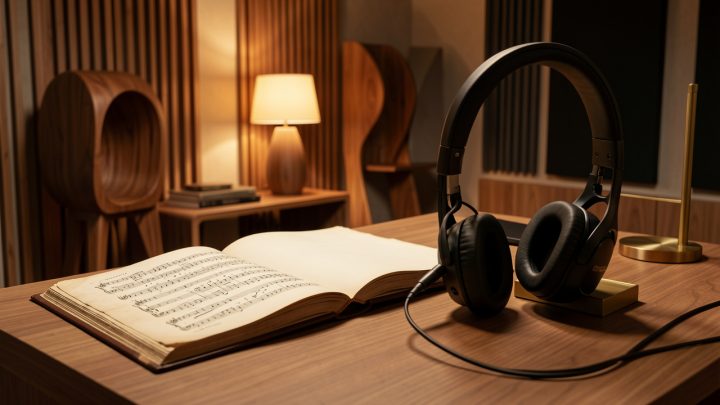 Illustration éditoriale élégante d’une salle d’écoute contemporaine avec une partition ancienne ouverte, un casque audiophile, du mobilier en bois et une lumière chaude.