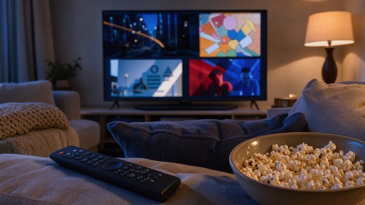 Salon chaleureux avec une télévision diffusant des ambiances cinématographiques variées, évoquant plusieurs genres de séries.